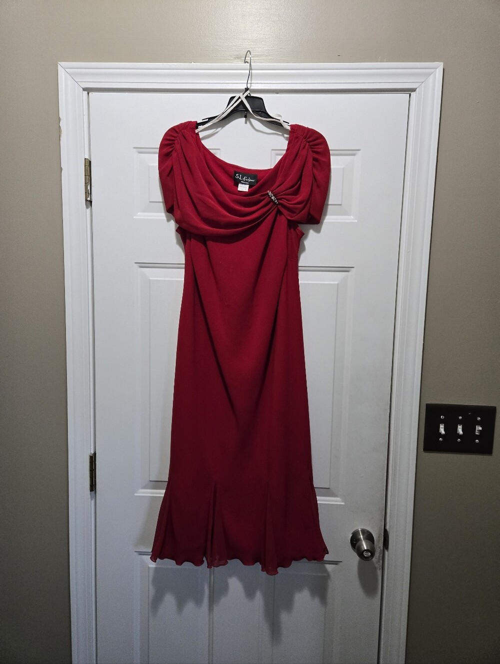 S.L. Fashions Scarlet Draped Midi Dress with Brooch Accent